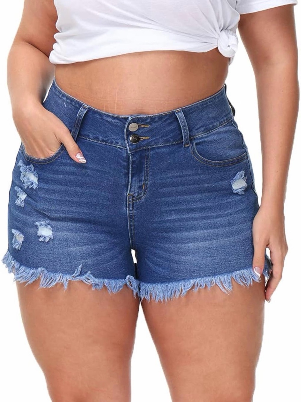 Plus Blue Denim Distressed Frayed Stretchy Hem Shorts SZ 20 (Fit like 16/18)